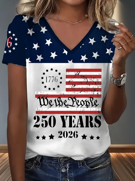 Women Text Letters Short Sleeve Tee T-shirt V Neck Printing Vintage Summer Top