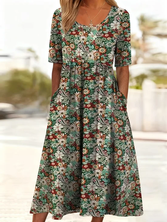 Women Floral Short Sleeve Crew Neck Printing Dress Daily Casual Maxi Shift Dress H-Line Summer Dress