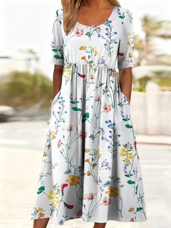 Women Floral Short Sleeve Crew Neck Printing Dress Daily Casual Maxi Shift Dress H-Line Summer Dress