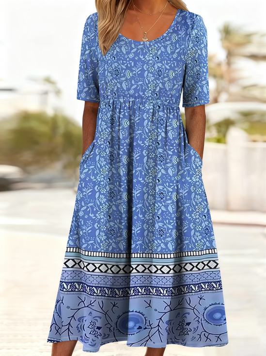 Women Floral Short Sleeve Crew Neck Printing Dress Daily Casual Maxi Shift Dress H-Line Summer Dress