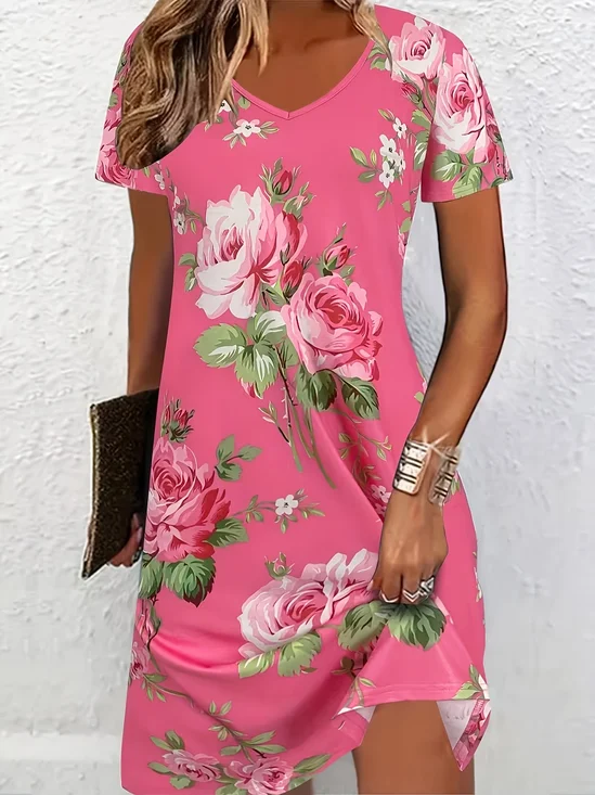 Women Floral Short Sleeve V Neck Printing Dress Daily Casual Midi Classic A-Line Summer Dress