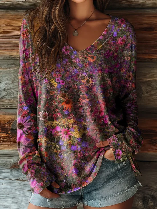 Women
                      Floral Long Sleeve Tee T-shirt V Neck Printing
                      Casual Graphic Tee Spring/Fall Top