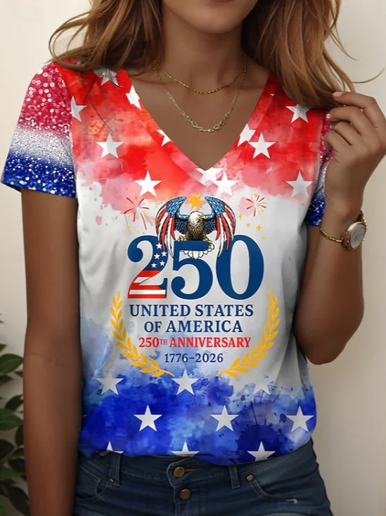 Women Text Letters Short Sleeve Tee T-shirt V Neck Printing Vintage Summer Top