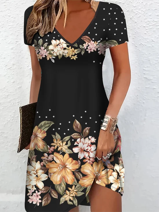 Women Floral Short Sleeve V Neck Printing Dress Daily Casual Midi Classic A-Line Summer Dress