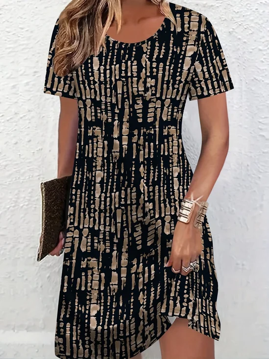 Women Abstract Short Sleeve Crew Neck Printing Dress Daily Casual Midi T-Shirt Dress A-Line Summer Dress