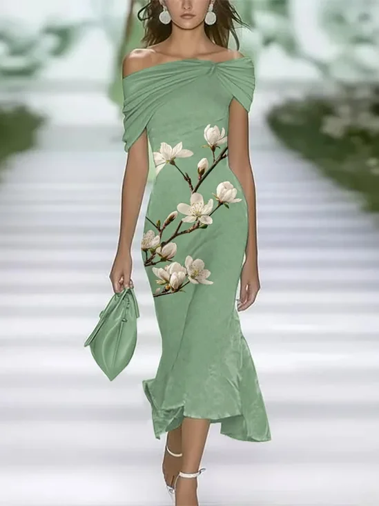 Women Floral Cap Sleeve Cold Shoulder Printing Dress Daily Vintage Maxi H-Line Summer Dress