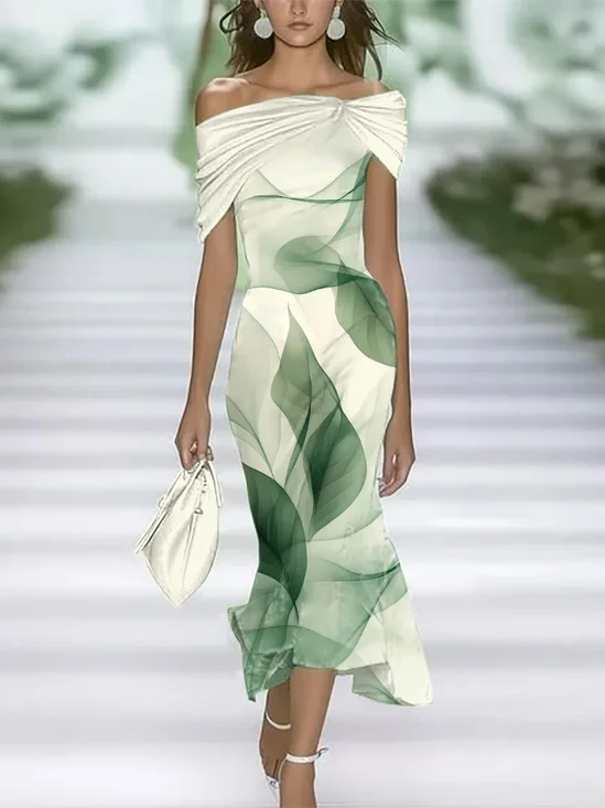 Women Leaf Cap Sleeve Cold Shoulder Printing Dress Daily Vintage Maxi H-Line Summer Dress
