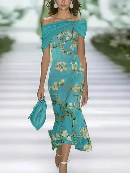 Women Floral Cap Sleeve Cold Shoulder Printing Dress Daily Vintage Maxi H-Line Summer Dress