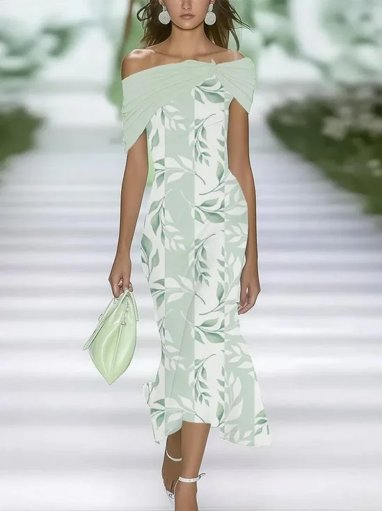 Women Floral Cap Sleeve Cold Shoulder Printing Dress Daily Vintage Maxi H-Line Summer Dress