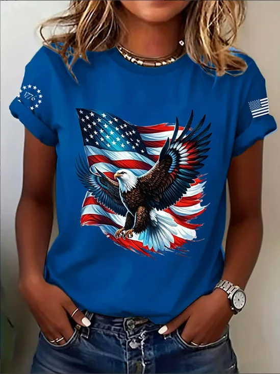 Women
                      Eagle Old Glory Short Sleeve Tee T-shirt Crew Neck
                      Printing Casual Graphic Tee Summer Top