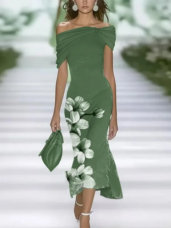 Women Floral Cap Sleeve Cold Shoulder Printing Dress Daily Vintage Maxi H-Line Summer Dress