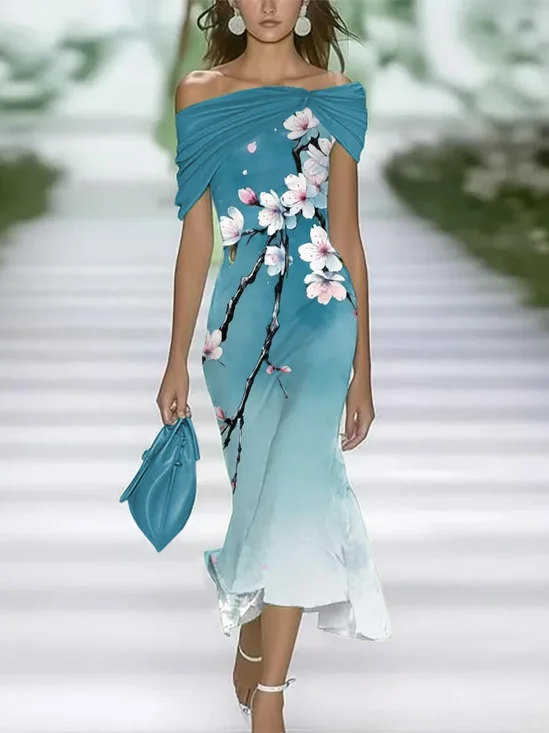 Women Floral Cap Sleeve Cold Shoulder Printing Dress Daily Vintage Maxi H-Line Summer Dress