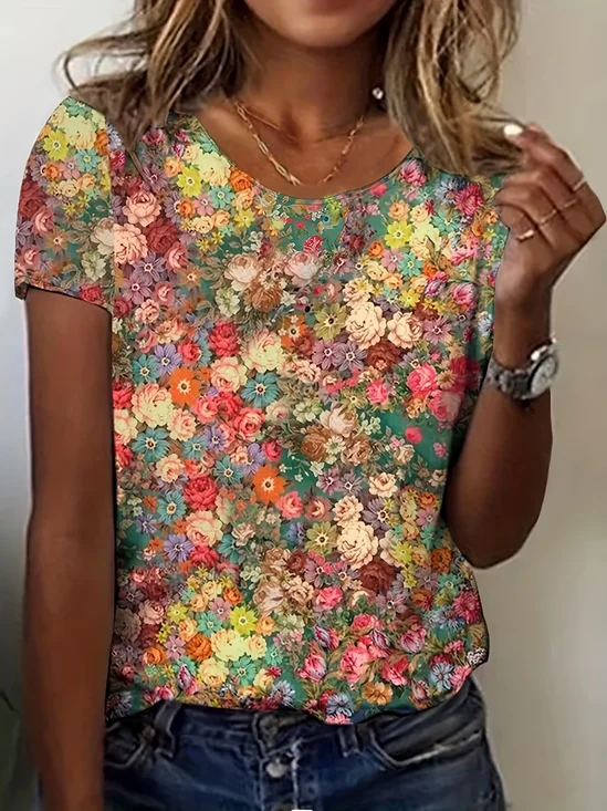 Women
                      Floral Short Sleeve Tee T-shirt Crew Neck Printing
                      Casual Graphic Tee Summer Top
