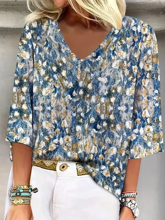Women Random Print Short Sleeve Tee T-shirt V Neck Elegant Summer Top