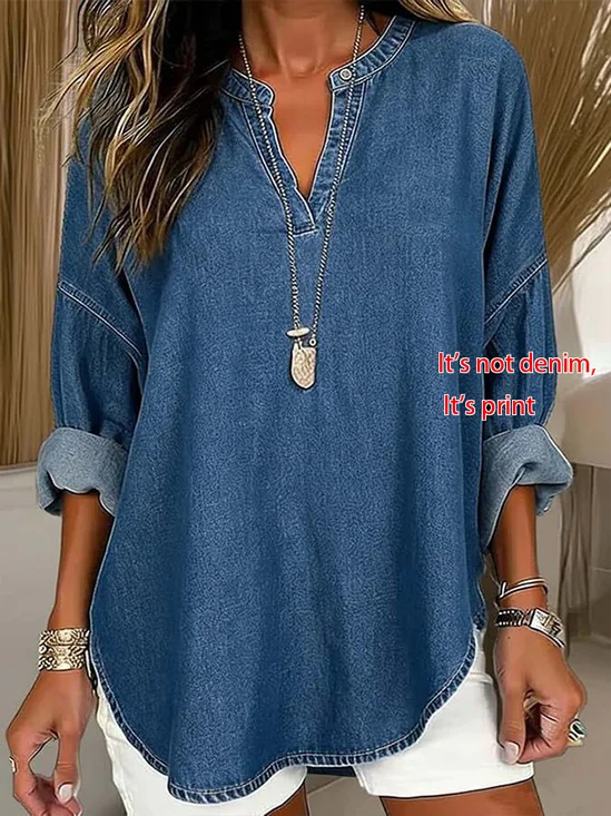 Women Faux Denim Print Graphic V Neck Long Sleeve Blouse Printing Casual Daily Spring/Fall Top
