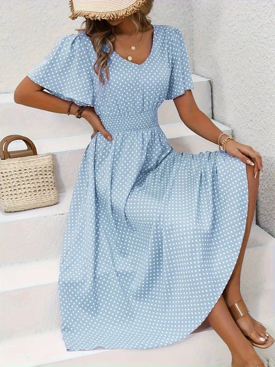 Women Polka Dots Short Sleeve V Neck Printing Dress Daily Casual Maxi Tank A-Line Summer Dress