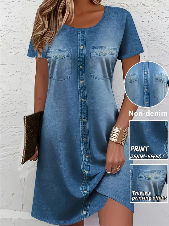 Women Faux Denim Print Graphic Short Sleeve Crew Neck Printing Dress Daily Casual Midi T-Shirt Dress A-Line Summer Dress