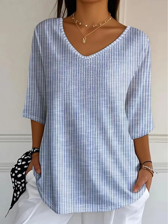 Women
                      Striped Three Quarter Sleeve Tee T-shirt V Neck
                      Printing Casual Graphic Tee Spring/Fall Top
