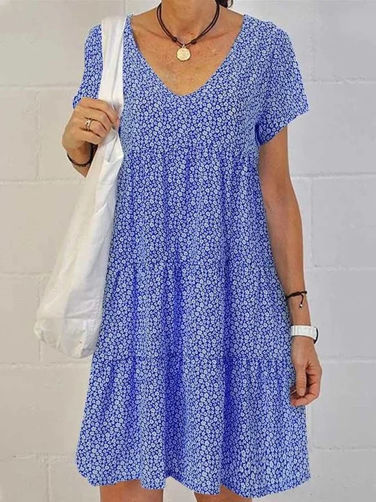 Women Floral Short Sleeve V Neck Printing Dress Daily Casual Midi Tank A-Line Summer Dress