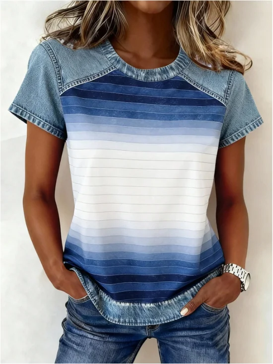 Women
                      Striped Short Sleeve Tee T-shirt Crew Neck
                      Printing Vintage Summer Top