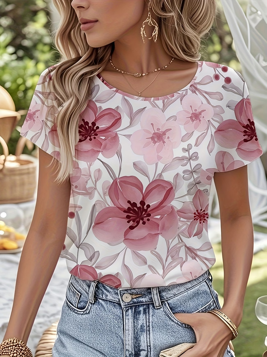 Women
                      Floral Short Sleeve Tee T-shirt Crew Neck Printing
                      Casual Graphic Tee Summer Top