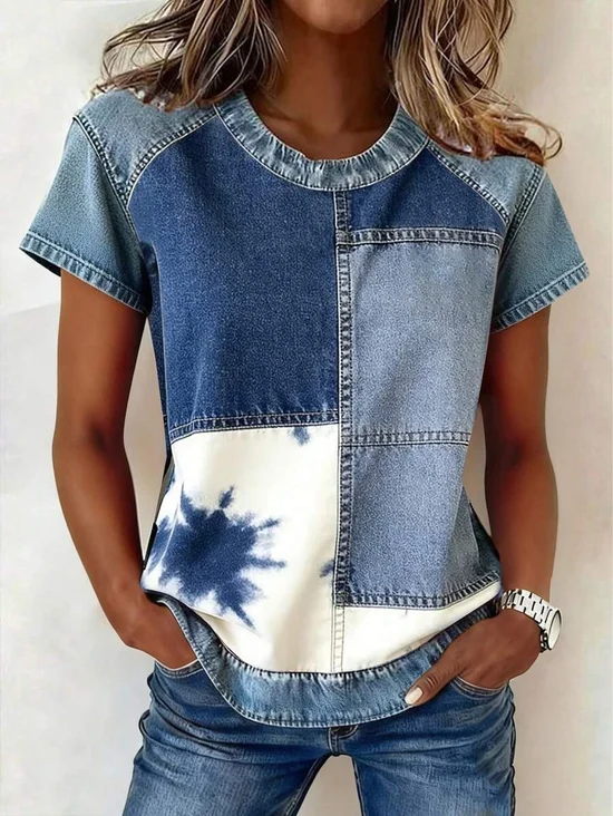 Women
                      Faux Denim Print Graphic Short Sleeve Tee T-shirt
                      Crew Neck Printing Vintage Summer Top