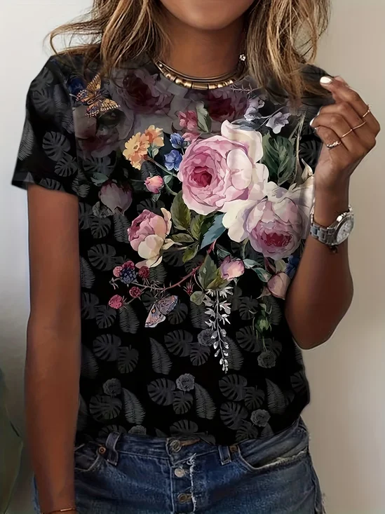 Women
                      Floral Short Sleeve Tee T-shirt Crew Neck Printing
                      Casual Graphic Tee Summer Top