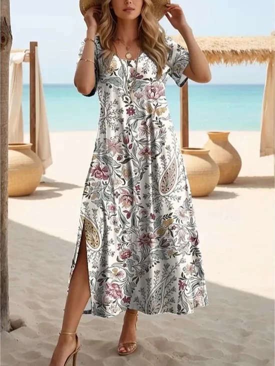 Women Floral Short Sleeve Crew Neck Printing Dress Daily Casual Maxi T-Shirt Dress H-Line Summer Dress