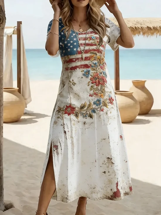 Women Floral Short Sleeve Crew Neck Printing Dress Daily Casual Maxi T-Shirt Dress H-Line Summer Dress