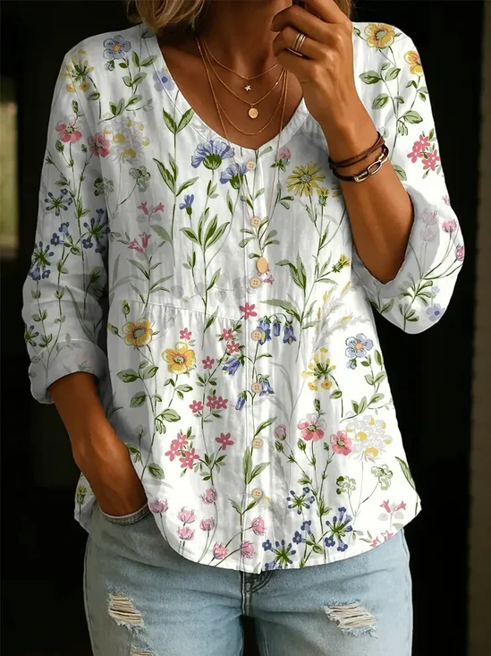 Women Floral V Neck Long Sleeve Blouse Printing Casual Daily Spring/Fall Top