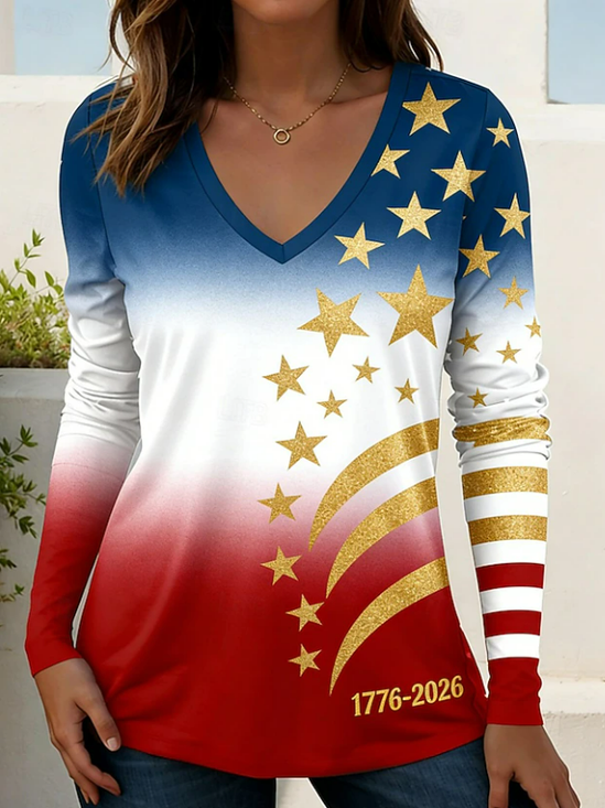 Women
                      Independence Day (Flag) Long Sleeve Tee T-shirt V
                      Neck Printing Casual Graphic Tee Spring/Fall Top