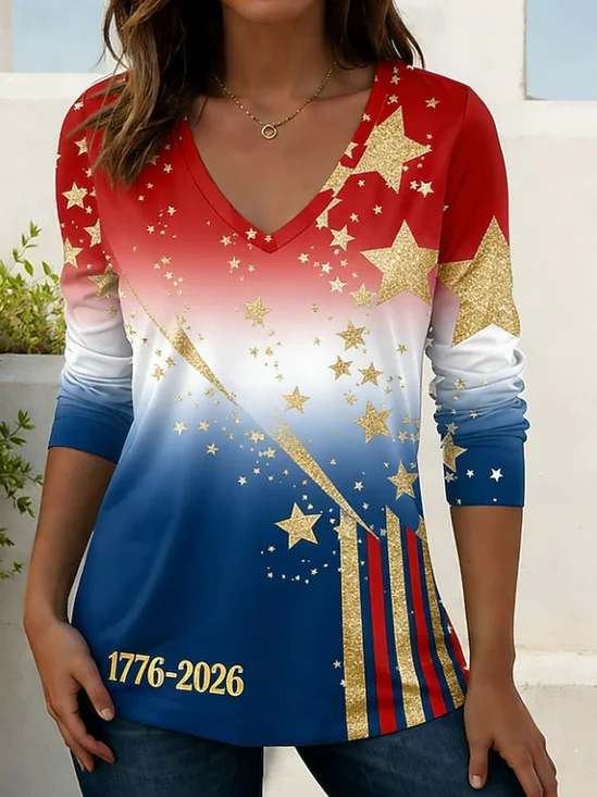 Women
                      Independence Day (Flag) Long Sleeve Tee T-shirt V
                      Neck Printing Casual Graphic Tee Spring/Fall Top