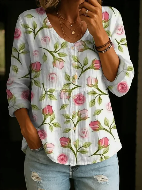 Women Floral V Neck Long Sleeve Blouse Printing Casual Daily Spring/Fall Top