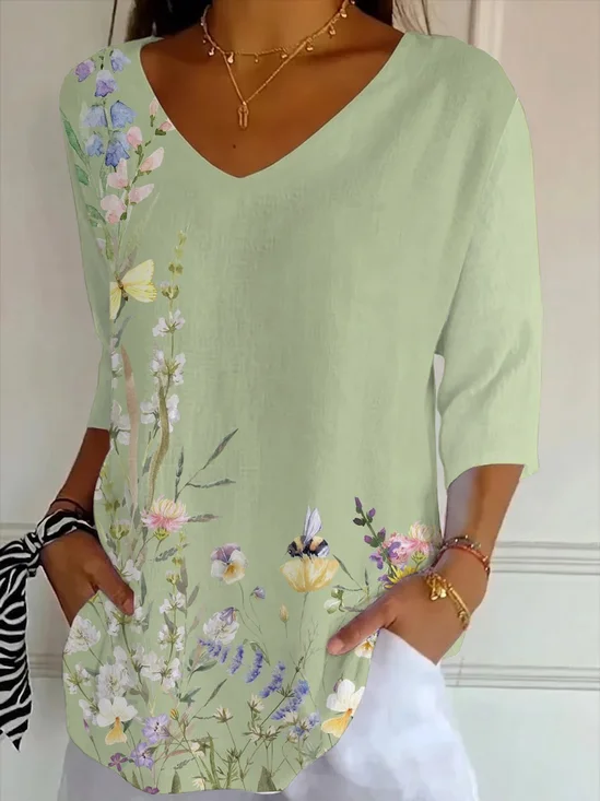 Women
                      Floral Three Quarter Sleeve Tee T-shirt V Neck
                      Printing Casual Graphic Tee Spring/Fall Top