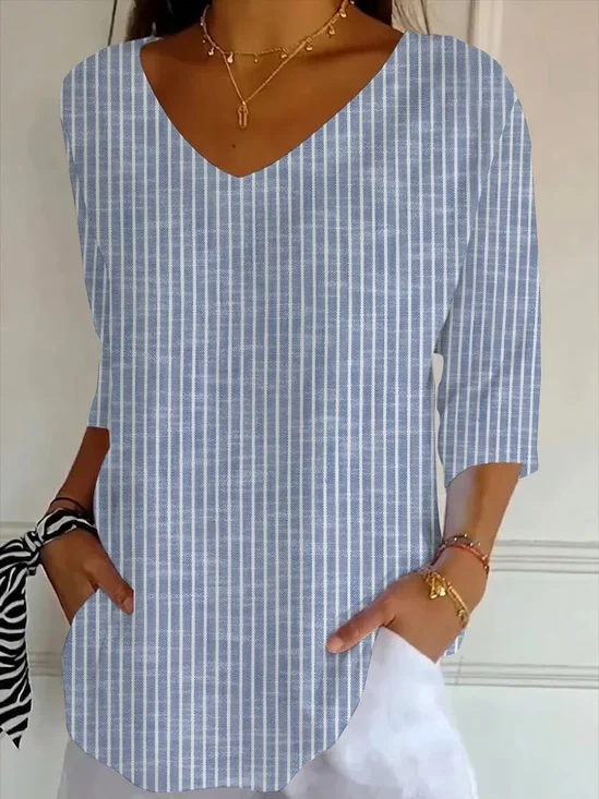 Women Striped Three Quarter Sleeve Tee T-shirt V Neck Printing Casual Graphic Tee Spring/Fall Top
