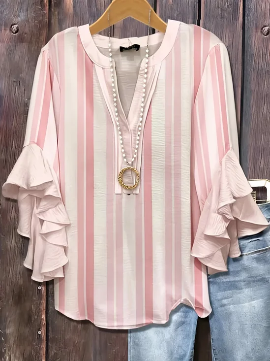 Women Striped V Neck Half Sleeve Shirt Printing Casual Daily Summer Top