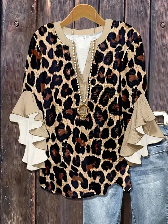 Women Leopard V Neck Half Sleeve Shirt Printing Casual Daily Summer Top