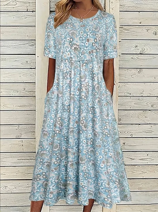 Women Floral Short Sleeve Crew Neck Printing Dress Daily Casual Maxi Shift Dress H-Line Summer Dress