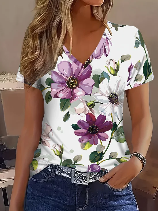 Women Floral Short Sleeve Tee T-shirt V Neck Printing Vintage Summer Top