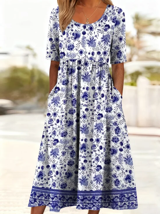 Women Floral Short Sleeve Crew Neck Printing Dress Daily Casual Maxi Shift Dress H-Line Summer Dress