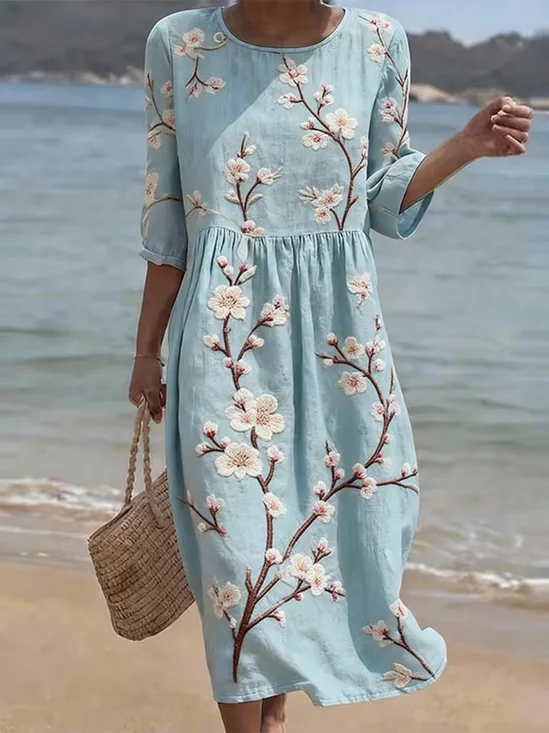 Women Floral Half Sleeve Crew Neck Printing Dress Daily Casual Maxi H-Line Summer Dress