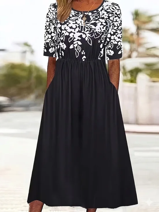 Women Floral Short Sleeve Crew Neck Printing Dress Daily Casual Maxi Shift Dress H-Line Summer Dress