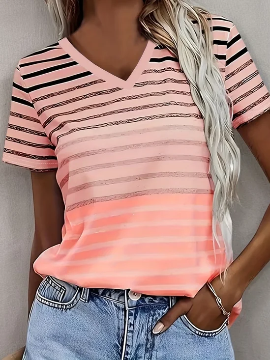 Women
                      Striped Short Sleeve Tee T-shirt V Neck Printing
                      Vintage Summer Top