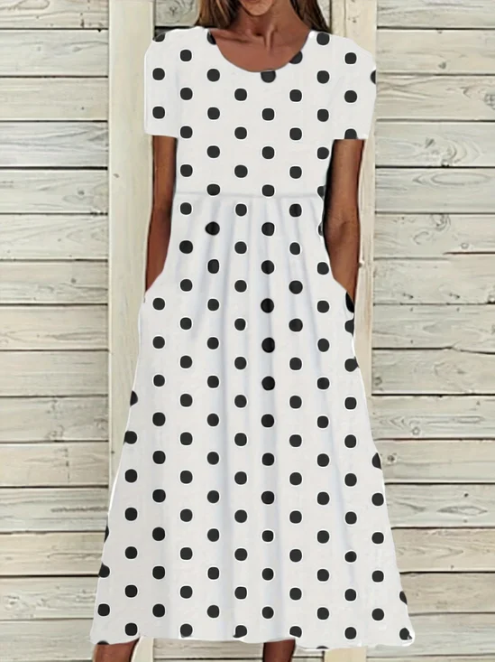 Women Polka Dots Short Sleeve Crew Neck Printing Dress Daily Casual Maxi Shift Dress H-Line Summer Dress