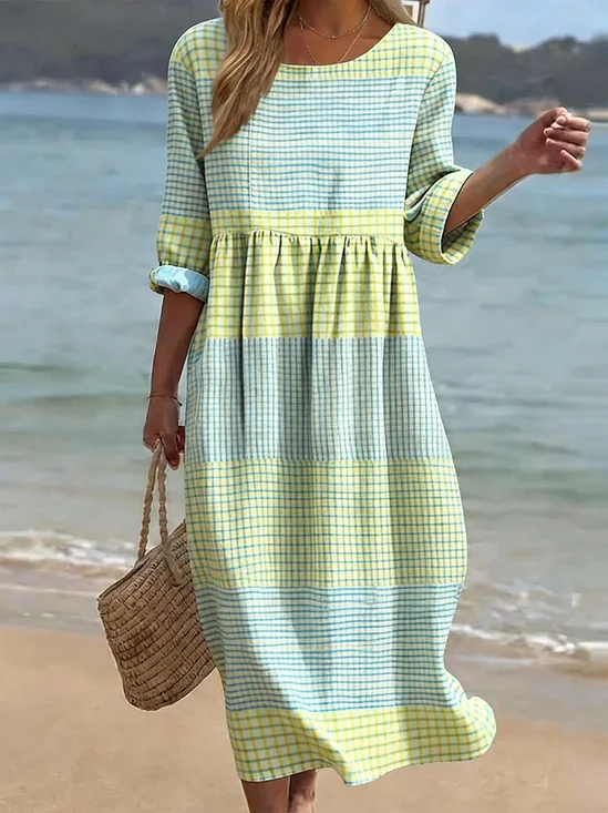 Women Plaid Half Sleeve Crew Neck Printing Dress Daily Casual Maxi H-Line Summer Dress