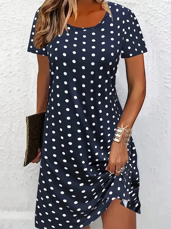 Women Polka Dots Short Sleeve Crew Neck Printing Dress Daily Casual Midi T-Shirt Dress A-Line Summer Dress