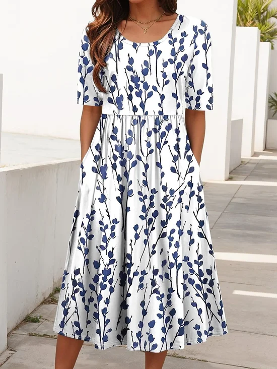 Women Floral Short Sleeve Crew Neck Printing Dress Daily Casual Maxi Shift Dress H-Line Summer Dress