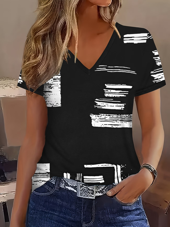 Women Abstract Short Sleeve Tee T-shirt V Neck Printing Vintage Summer Top