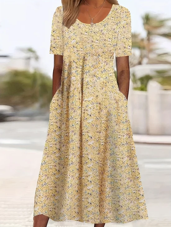Women Floral Short Sleeve Crew Neck Printing Dress Daily Casual Maxi Shift Dress H-Line Summer Dress