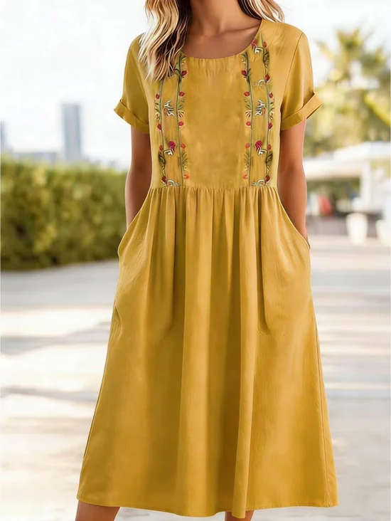 Women Floral Short Sleeve Crew Neck Printing Dress Daily Casual Maxi Shift Dress H-Line Summer Dress